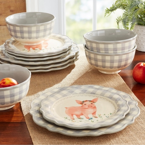 Host Pick! 🌺 New Pioneer Woman "Pig" Gray Gingham 12-Piece Dinnerware Set - Picture 1 of 5